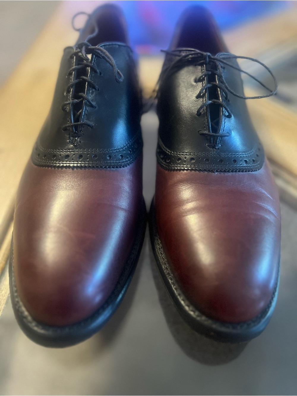 Allen Edmonds Classic Two-Tone Men's Cap-Toe Oxfords in Black and Burgundy 12B